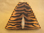 Handmade Tiger Print Stingray Clutch Bag. 7.5"W X 6.5"H X 1.5"D.  Inside Alligator Pocket.  Black And Tan Doe Kid Leather Edge Braiding And Strap.  Magnetic Closure. (Front View)