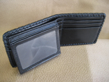Handmade Black Stingray Mens Bi-Fold Wallet w/Two Sided ID Window; Black Kangaroo Lining And Pockets; Black Doe Kid Braided Edge Finish (Inside View)