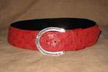 Handmade Red Ostrich 2" Radius Cut Belt w/ Sterling Silver Horseshoe Buckle