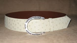 Handmade Ivory Ostrich 2" Radius Cut Belt w/ Sterling Silver Horseshoe Buckle