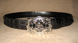 Handmade Matte Black Hornback Crocodile 1 1/2" Backstrap w/ Skull & Flames Buckle