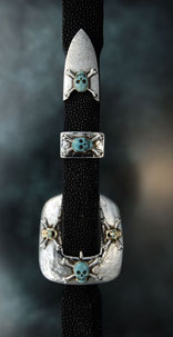 Turquoise & 14 Carat Gold Sterling Silver Skull Buckle On 1 1/4" Tapered To 1" Black Stingray Belt