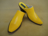 Handmade Yellow Stingray Mules.  Hand Stacked Leather 2.5 Heel w/Dark Finish.